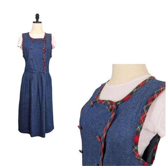 Vintage Talbots Midi Jumper Dress 6P Blue Denim Tartan Plaid 90s Teacher Preppy - Picture 1 of 10